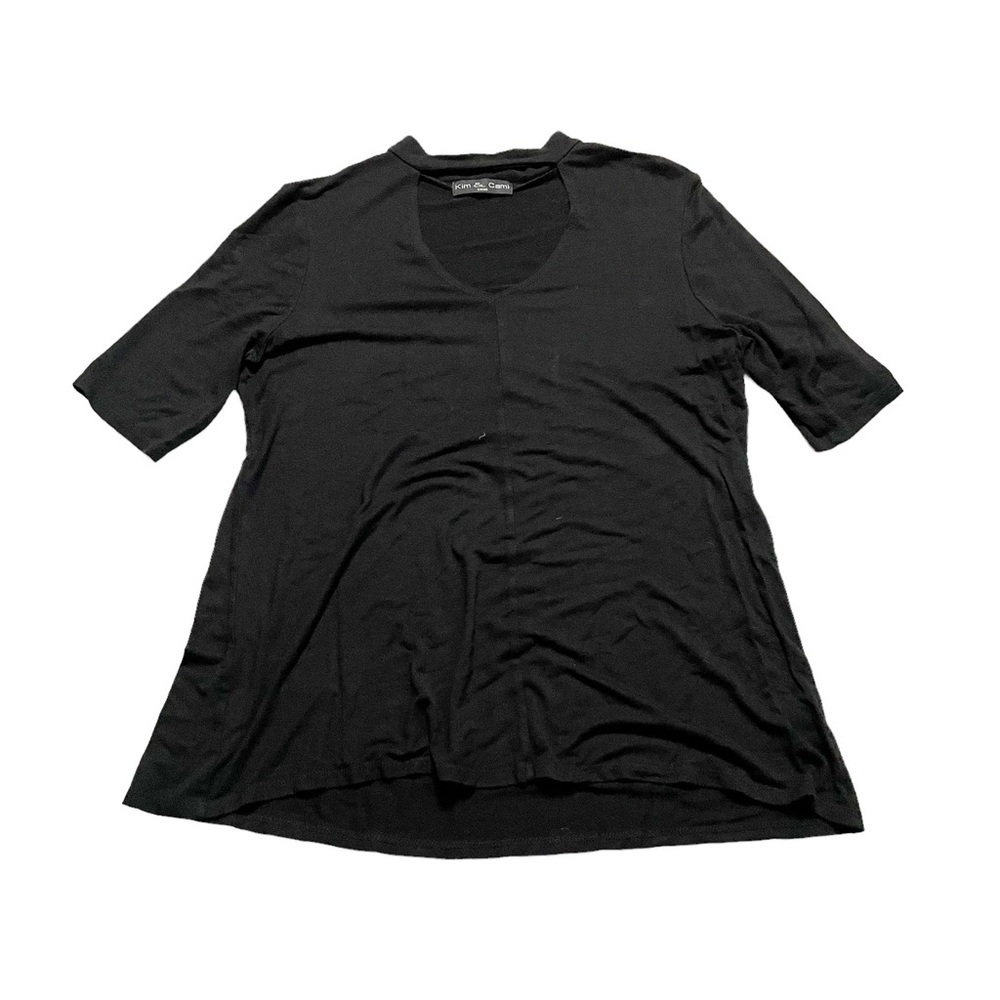 Kim & Cami Black Stretchy Short Sleeve Cutout Mock Neck Blouse Size Small